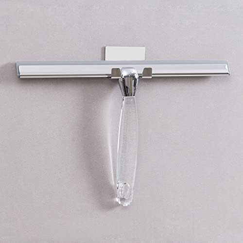 Escobilla de ducha de acero inoxidable con hoja de silicona de 30.5 cm y gancho adhesivo montado en la pared para baño, cocina, espejo, limpieza de ventanas y vidrio, mango acrílico transparente.