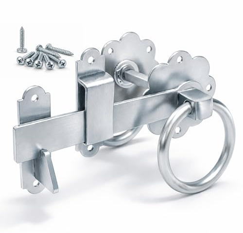 Ringgrindspärr silver för trägrindar zinkpläterad 6 tum/150 mm dörrlås – galvaniserat massivt ringhandtag trädgårdsgrindspärrar och fästen för externt dörrlås