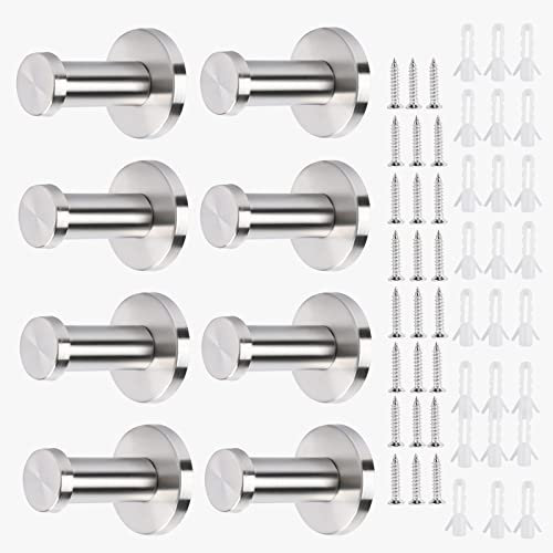 RUNEAY 8 ganchos de pared plateados, 55 mm, acero inoxidable, redondos, ganchos para toallas, con 24 tornillos, para dormitorio, baño, armario, sala de estar