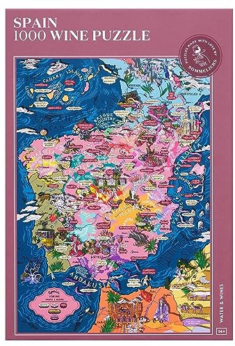 Wine Puzzle Spain - Exciting and educational jigsaw 1000 piece puzzle for adults - Unique Hand-drawn puzzle map of Spanish wines