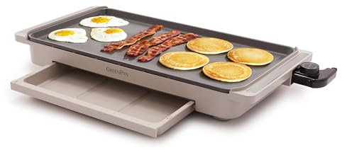 GreenPan Advanced 10.5”x 20” Electric Griddle with Warming Drawer, Healthy Ceramic Nonstick PFAS-Free Coating, Temperature Control, Easy and Versatile Countertop Meals, Dishwasher Safe, Clay
