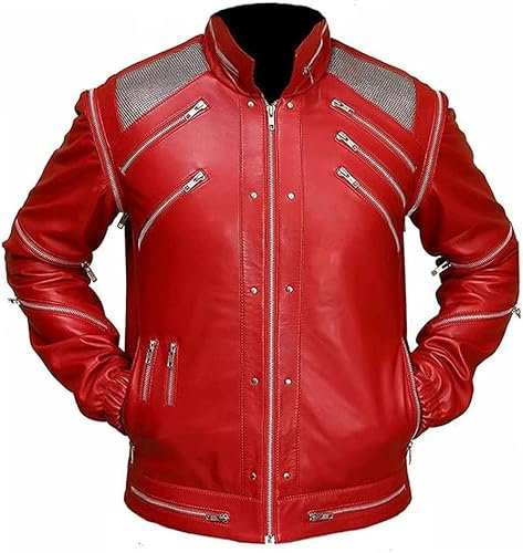 MJJ Thrilleer röd läderjacka för män | Thriller-jacka för vuxna halloweenkostym, XL