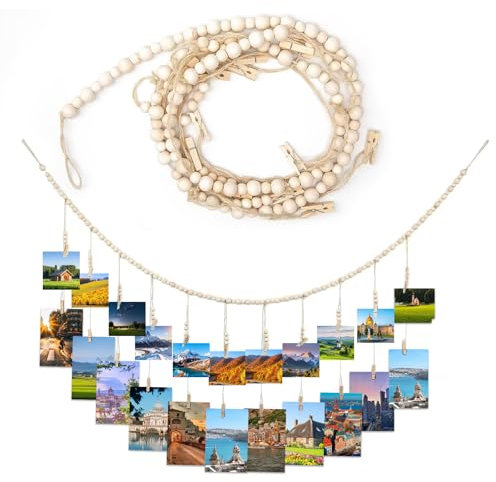 Cuerda para colgar fotos con pinzas de madera – 22 pinzas incluidas – Estilo bohemio para decoración del hogar