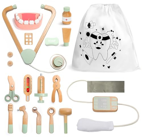 Arztkoffer Kinder Spielset aus Holz - mit Stethoskop, Blutdruckmessgerät und mehr, Doktorkoffer Spielzeug zum Rollenspiel, 19-TLG. Medizinische Kit für Kinder ab 3, 4, 5 Jahre