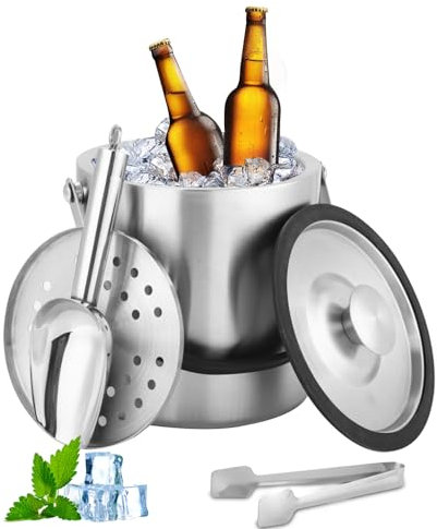 Goxiry Contenitore per cubetti di ghiaccio con coperchio, 2,2 l, in acciaio inox con pala, clip e colino, a doppia parete, per il raffreddamento di birra, champagne e cubetti di ghiaccio