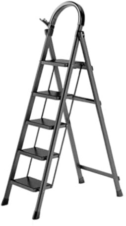SEVEN COMFORT Escalera con pasamanos, escalera plegable con plataforma, 3/4/5 peldaños, patas de herradura antideslizantes, peldaños anchos, para casa, cocina, jardín, 150 kg (negro, 5 peldaños)