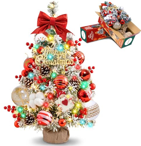 60 cm Tabletop Christmas Tree with 4-Color Fairy String Lights, 2 FT Snow Flocked Mini Xmas Tree with Red Bow Topper, Pinecones, Rustic Wood Base,Battery Operated for Home Office Holiday Decorations