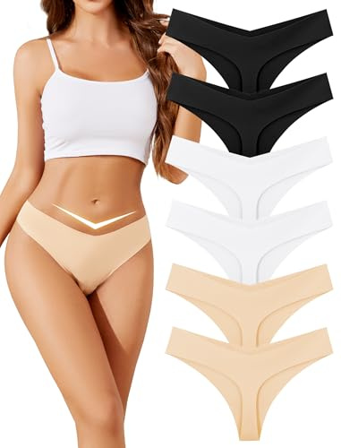 ANSUKOO Women's Seamless Thong Underwear 6 Pack,No Show Knickers,Soft Comfortable Invisible Panties,No VPL Ladies Gym Tanga String,Stretch Undies,Multipack Workout Undies for Women,V Cut Low Waisted