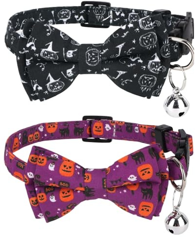 2pcs Collier pour Chat Halloween avec Nœud Papillon et Clochette, Réglable Détachable avec Boucle Accessoire en Tissu Doux Animaux de Compagnie Cadeau pour Chiots et Chats (Style 1)