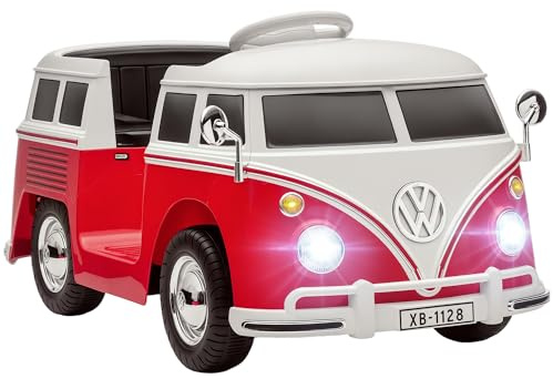 AIYAPLAY Macchina Elettrica per Bambini 3-7 Anni Volkswagen T1, 12V, Rosso | 3-8km/h, Auto Elettrica per Bambini con 2 Motori, Sospensioni, Partenza Lento, Musica, Fari e Clacson