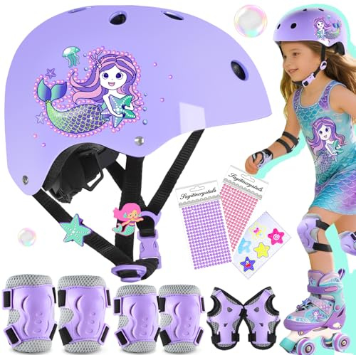 Sirenetta Set Casco Protezione per Bambina Casco Bici Regolabile Ginocchiere Gomitiere Protezioni per Monopattini Skateboard Ciclismo Pattini in Linea Pattinaggio Scooter Ciclismo