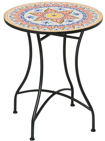 Outsunny Tavolino da Giardino, Tavolino da Caffè per Esterni con Piano in Ceramica Mosaico, Struttura in Metallo, per Balcone e Terrazzo, Ø60x71 cm, Rosso, Blu, Bianco