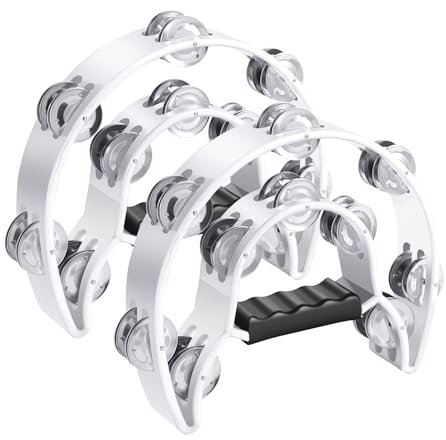 Flexzion Tamburin Metall Halbmond Musikinstrumente Zweireihige Metallschellen Handinstrumente Percussion mit ergonomischem Griff, Tamburine für Erwachsene, 2 Packungen - Weiß
