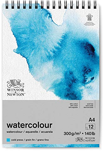 Winsor & Newton Papel de Acuarela Clásico, Grano Fino, 300gr, Mezcla de 25% Algodón y Fibras de Celulosa, Blanco Natural, Libre de Ácidos, DIN A4, Bloc en Espiral, 12 Hojas