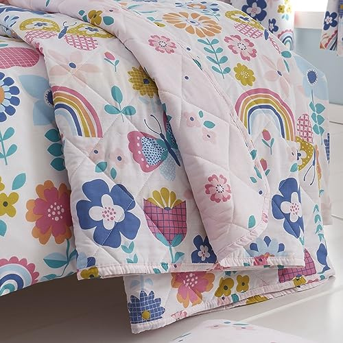 Happy Linen Company Niñas Niños Niños Jardín de Flores Mariposas Multicolor 150 x 200 cm Manta Acolchada Reversible