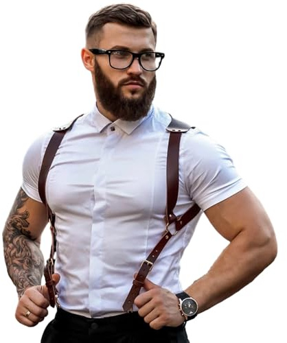 BaronHong Bretelle rinascimentali in pelle PU, vintage da uomo con supporto per la schiena, ganci metallici per uomo, steampunk, fatte a mano, marrone, M