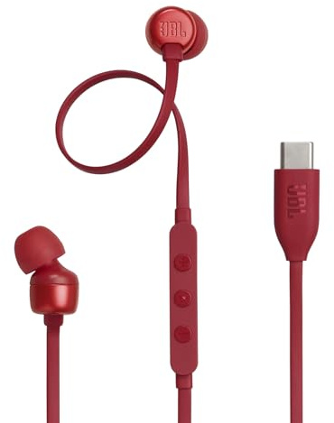 JBL Tune 310C - Auriculares intraurales con Cable USB-C de Alta resolución, Cable Plano sin enredos, Control Remoto de 3 Botones con micrófono (Rojo)