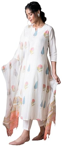 GoSriKi Women's Cotton Blend Printed Straight Kurta with Pants and Dupatta Set, white, XL