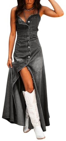 chouyatou Women's Spaghetti Strap Smocked Back Denim Dress Button Down A-Line Swing Flowy Maxi Jean Dress (Small, Grey)