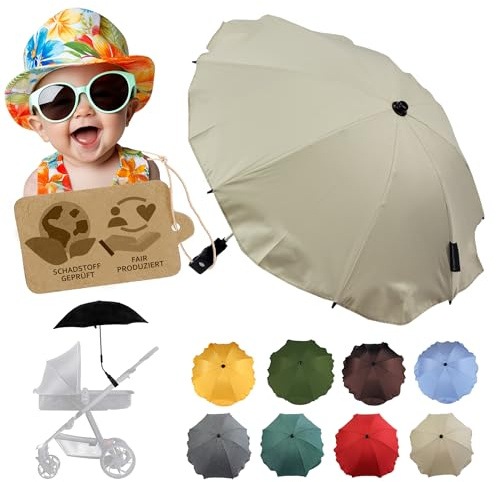 BambiniWelt by Rafael K. Protezione solare universale [parasole per carrozzina] per Buggy, protezione UV 50+ con supporto universale, ombrello flessibile regolabile per tubi rotondi e ovali, beige., 3