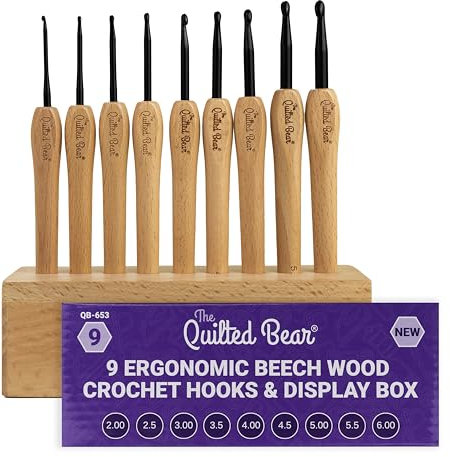 The Quilted Bear Beech Wood Crochet Hooks Set with Box – Set of 9 Ergonomic Crochet Hooks with Stylish Beech Wood Handles & Durable Steel Hook Heads (Wooden Display Box Included)