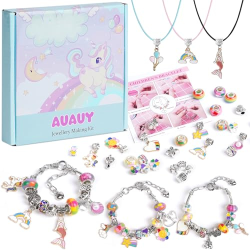AUAUY Färgglada kristallpärlor DIY armband-Färgglad, med färglåda | Present för flickor 5-12 år gammalt barn, Berlocksarmbandstillverkningskit, Smycketillverkningssats för tjejer
