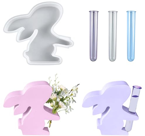 HyzaPhix Rabbit Mould Vase Resin Mould with 3 Test Tubes, Planter Silicone Mould for DIY Plant Propagation Station, Flowers Preservation, Office Home Decoration, Easter Gift (Rabbit)