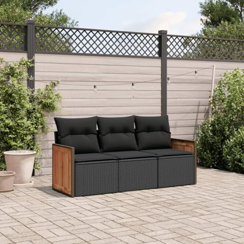 IKAYAA Sofá Jardín 3 plazas con Almacenamiento de Ratán, Muebles Jardín con Cojines Acolchados, Sofa para Terraza, Sofá de Exterior, Sofá para Jardín Patio Terraza Negro