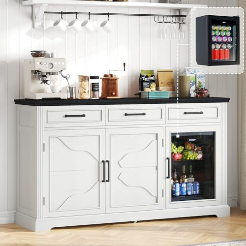 LUXOAK 60 Farmhouse Coffee Bar Cabinet with Beverage Fridge (Included), Wine Bar Cabinet with Drawer Storage, Mini Fridge Cabinet, Sideboard Cabinet for Dining Room, Living Room-White