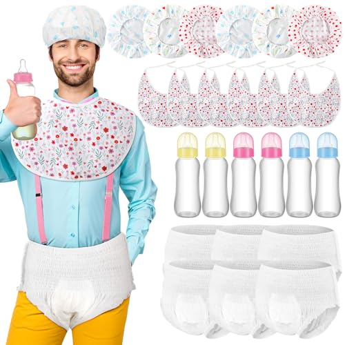 Chicingyou 6 Sets Bottle Chug Baby Shower Games Plastic Baby Bottles Bulk Diapers Gender Reveal Games Hat and Adult Bib Race Game Decoration for Girl Adults (Classic Style,Colourful)