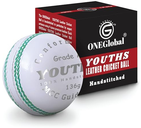 ONEGlobal Balle de cricket junior en cuir véritable de 134,7 g | Cousues à la main, balles de cricket rigides de 136 g pour jeunes | Balles de cricket de qualité match de 113,4 g (junior, 1-blanc)