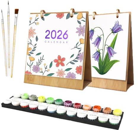 Nixegym Paint by Numbers Desk Calendar 2026, 7.1x8.8 Monthly Calendar with Pre-Printed Canvas & Paints, Flower Plants Desk Calendar for Home Office Decor