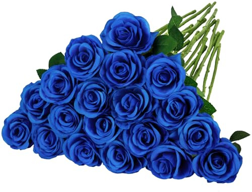 BlueCloudy Lot de 16 roses artificielles en flanelle avec longue tige en plastique pour mariage, décoration de table, Saint-Valentin, fête à la maison, bouquet de mariée, bleu