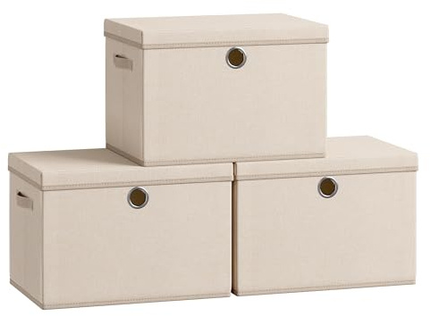 SONGMICS Caja de Almacenamiento con Tapa, Juego de 3 Organizadora de Tela, Paneles Interiores de PP Inodoro, Plegables y Apilables, Asas, 43 x 30 x 30 cm, Beige Arena RFB545LF01