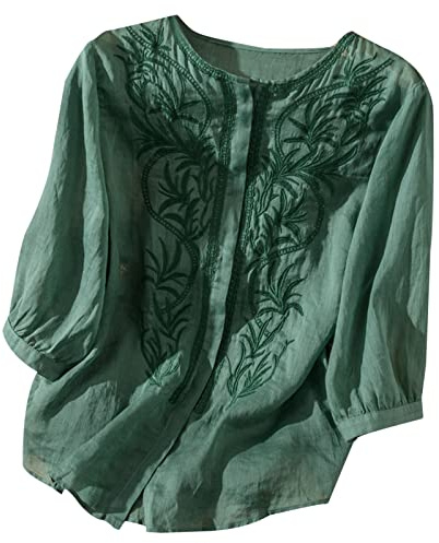 Chemise en lin à manches 3/4 pour femme - Motif floral brodé - Style rétro bohème ethnique paysanne - Chemisier tendance, Vert, L