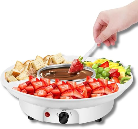 Sxhlseller Set di Pentole per Fonduta Elettrica, Kit per Fonduta di Cioccolato, con Vassoio da Portata a 3 Sezioni Rimovibile, 10 Spiedini, Crogiolo da Tavolo, per Feste, Appuntamenti (Spina europea)