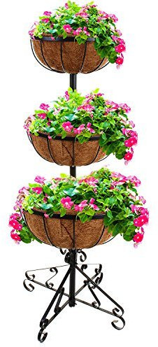 Gr8 Garden 3 Tier Flower Fountain with Coco Liners Black Metal Garden Patio Planter Plant Pot Tub Rack Stand Free Standing