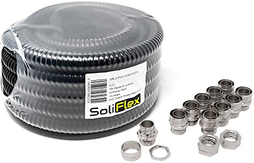 Flexible Metall-Kabelkanal für den Außenbereich, verzinkter PVC-beschichteter Rohrunternehmer-Set (IP54), 10 m Spule – Unterird-Begräbung, Gartenführung mit Armaturen – 10 Düsen und Kontermuttern