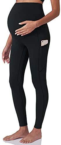 POSHDIVAH Women's Maternity Workout Leggings Over The Belly Pregnancy Yoga Pants with Pockets Soft Active Wear Work Pants Black Large