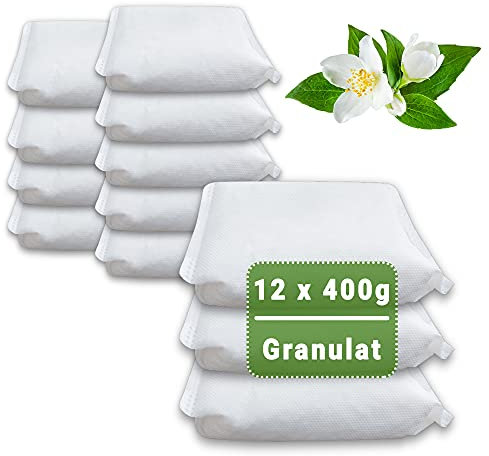 12 x 400 Gramm (4E) Luftentfeuchter Nachfüllpack Vliesbeutel XXL Box Granulat Nachfüllen Raumentfeuchter (Jasmin-Duft)