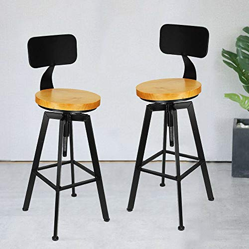 Barstol, set med 2, stol, industriell barstol, 64-84 cm justerbar höjd i metall trä design bistro pub stol med fotstöd, järnstativ