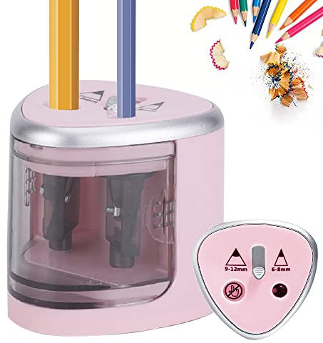 Elektrischer Bleistiftspitzer für Kinder, batteriebetrieben, Netzbetrieb, JIJICZ Doppelloch, robust, automatischer Bleistiftspitzer, kabellos mit großem Behälter für Heimbüro, Lehrer, Künstler, Rosa