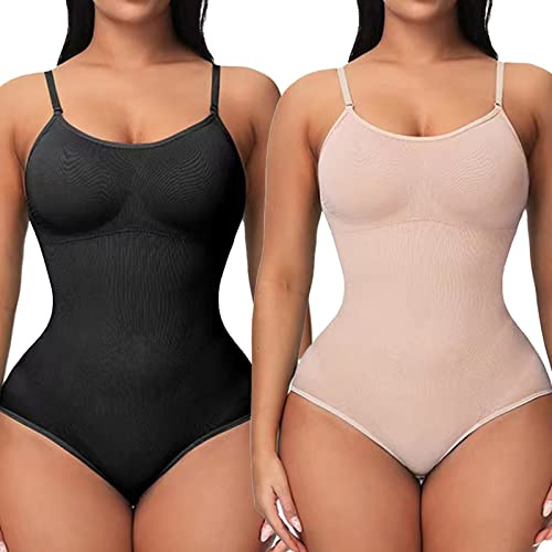 UniikStuff - Paquete de 2 mamelucos para mujer, sin costuras, con control de abdomen, sin costuras, para esculpir, (negro+beige), M