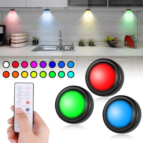 JIZZU Unterschrankleuchten Rund, 3 Stück RGB Schrank Lichter, Schrankleuchten mit Fernbedienung, LED Nachtlicht Schranklicht, 16 Farben für Kleiderschrank Küche Flur, Schwarz