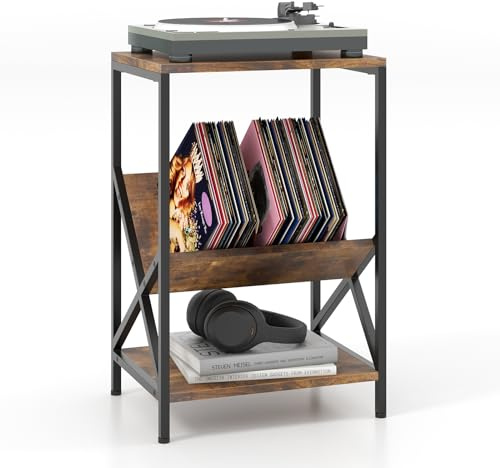 COSTWAY Mesa Auxiliar de 3 Niveles, Mesa Tocadiscos con Revistero para Vinilos Pequeños y Medianos, Marco de Metal en Forma de X y Almohadillas Ajustables, Mueble Tocadiscos Vinilos, 40 x 30 x 61 cm