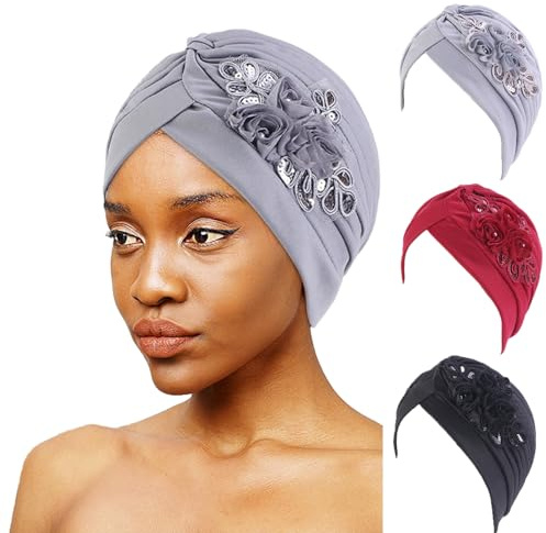 3PCS Turbans for Women Sequins Flower Head Scarf for Women Chemo Headwear Womens Turban Chemo Headwear forWomen Hair Turban Headwear Pleated Beanie Cap Hair Loss Hat