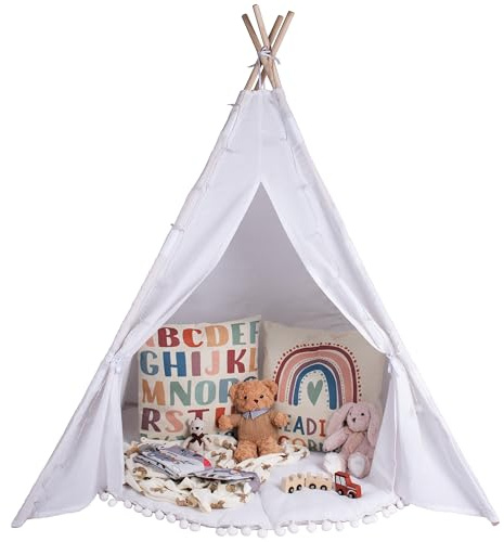 Relsy Tienda tipi para niños en blanco marfil | Tienda de juego/tienda inflable blanca para niñas y niños 140 x 120 cm en lona de algodón, con guirnalda de 3 metros de luces en forma de estrella y