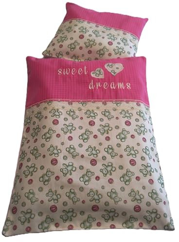Puppenbettwäsche rosa grün, Teddy Design, Handmade, 2 teilig, gestickter Schriftzug Sweet dream, Decke 35h x 27b, Kissen 19h x 21b