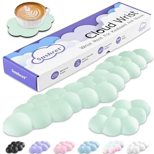 Sushret Cloud Wrist Rest Keyboard And Mouse Set, PU Leather Memory Foam Wrist Support Keyboard, Cute Cloud Arm Rest Pad & Palm Cushion, PC/Gaming Desk Accessory For Office, Computer Setup, Light Green