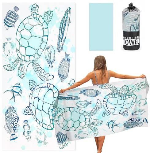 Ainiv strandhandduk, stor strandhandduk, 80x160 cm strandhandduk/badhandduk, mjukt lätt sport yoga handduk med ficka, snabbtorkande mikrofiber poolhandduk för bad, resor, sport-sköldpaddor